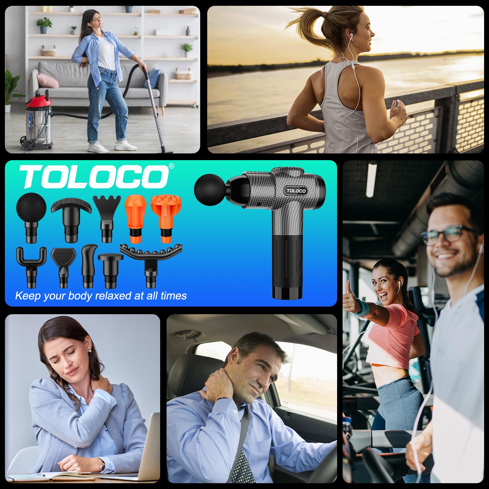 TOLOCO Massage Gun portable cordless design suits travel and gym bags.