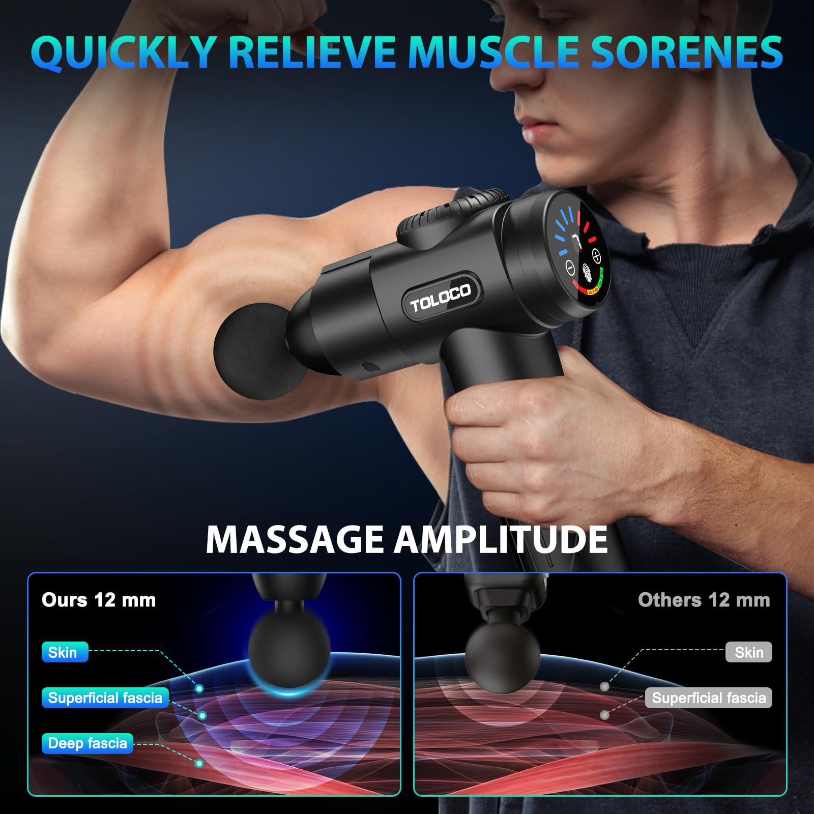 TOLOCO massage gun USB charging cable included for convenient power.