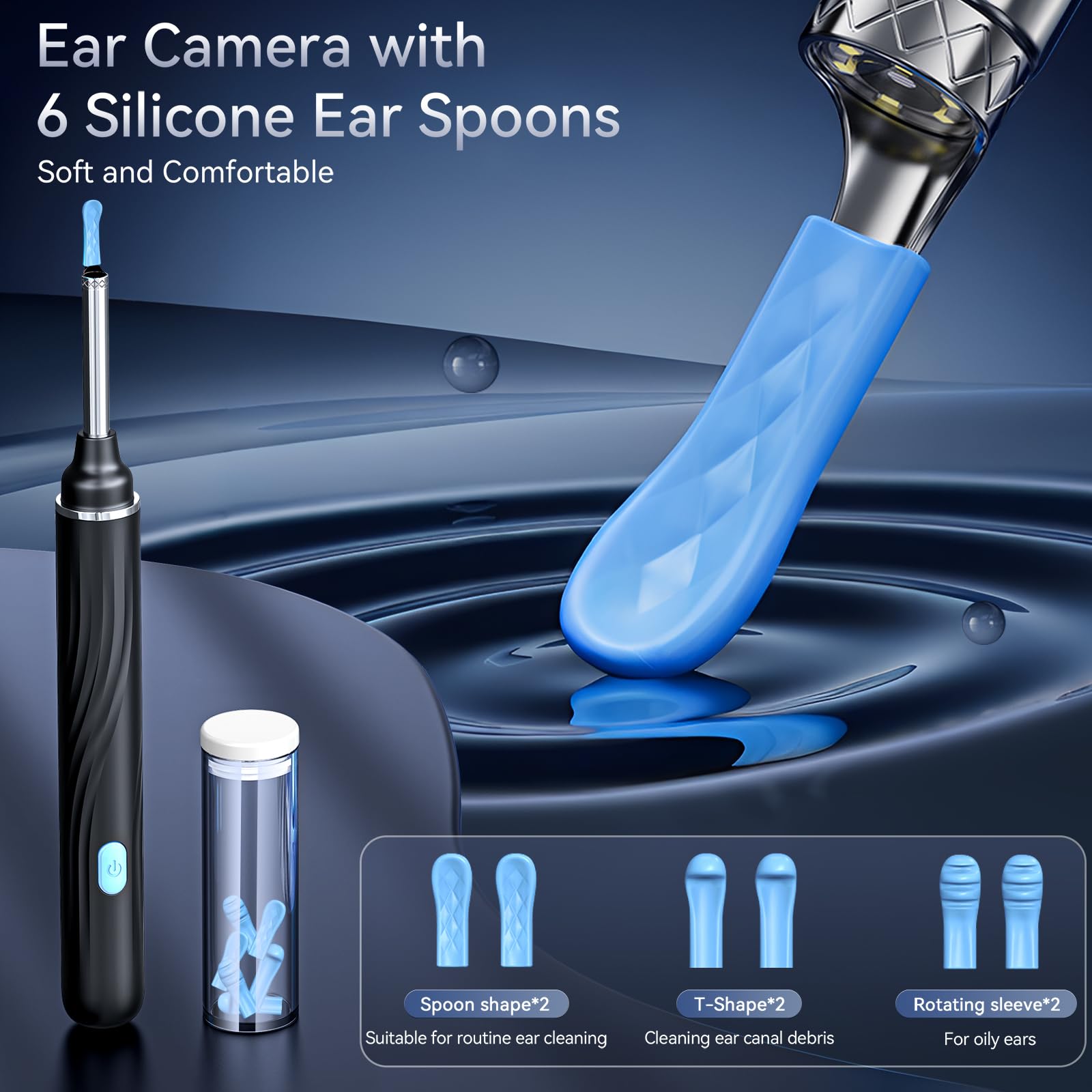Tomaje ear wax camera kit content showing ear spoons and covers.