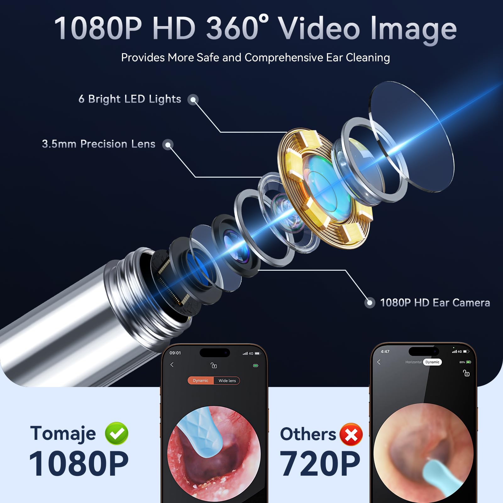 Tomaje ear wax camera with LED lighting for clear visuals.