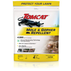 Tomcat Mole & Gopher Repellent Granules in a bucket for lawn use.