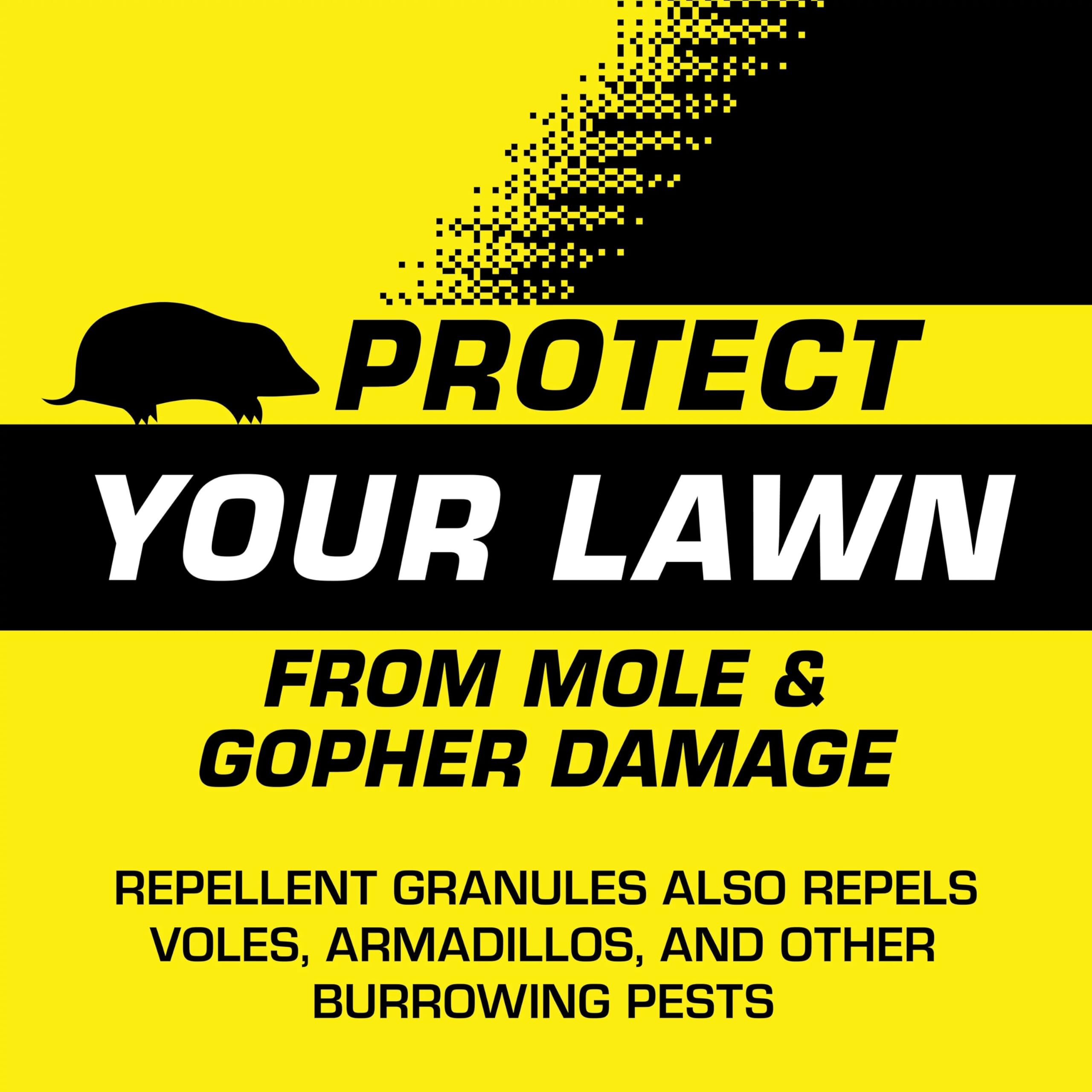 Tomcat granules evenly scattered on a lush green lawn for pest deterrence.