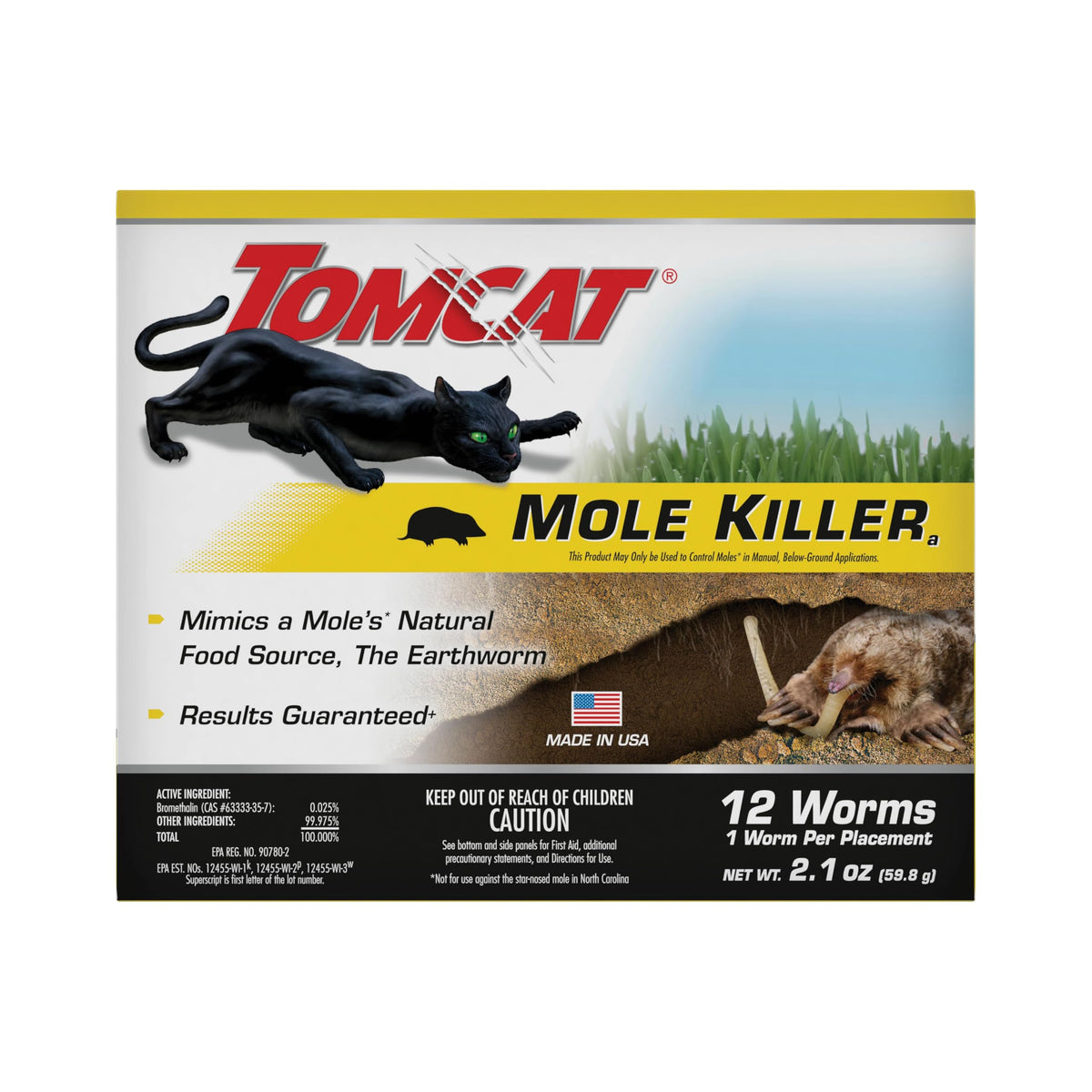 Tomcat Mole Killer packaging shown, ready-to-use lawn bait solution for mole control.