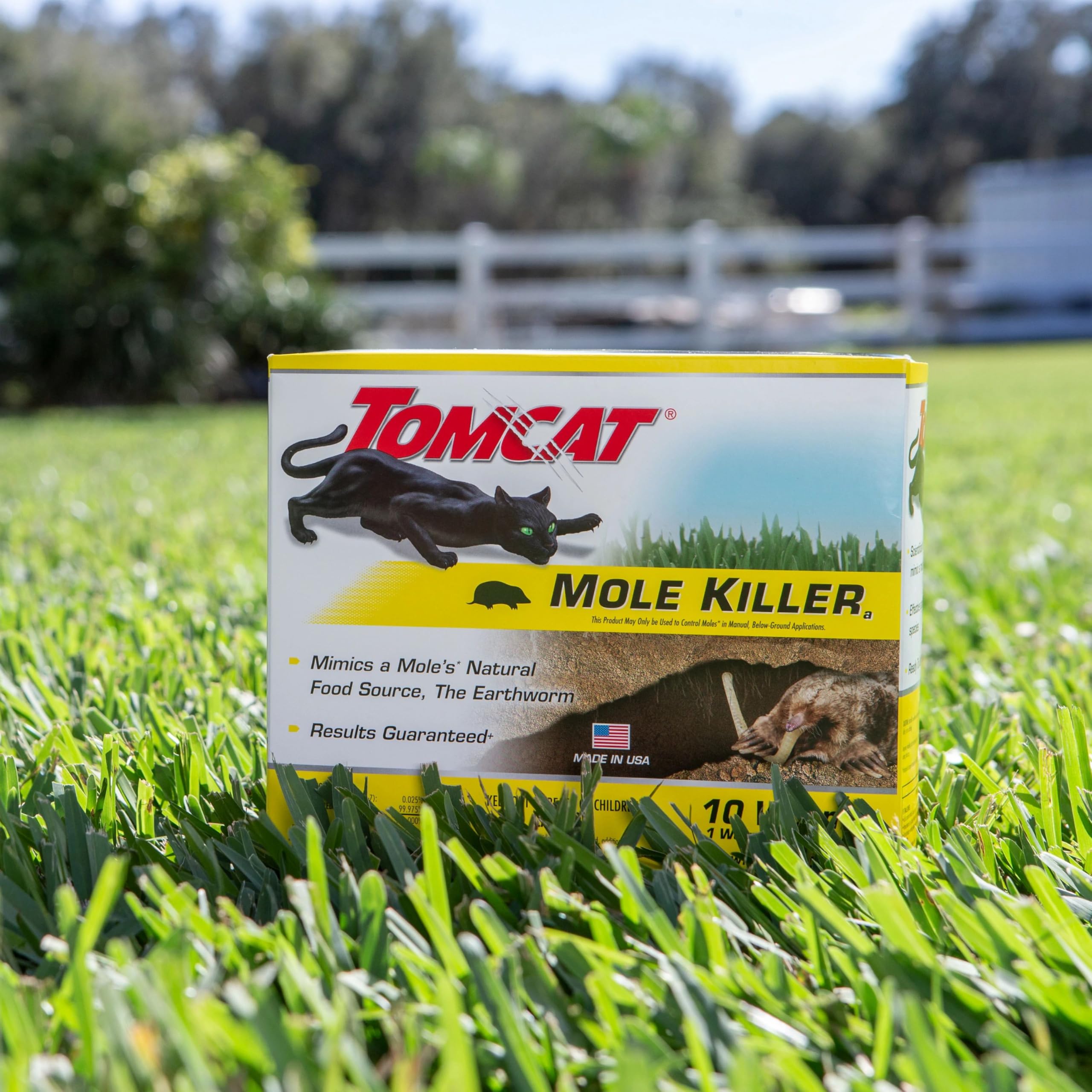 Tomcat Mole Killer strips held in hand showing simple placement.