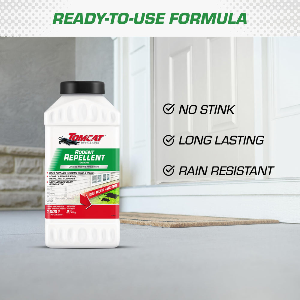 Tomcat Repellents rain-resistant formula maintains deterrence after rain.