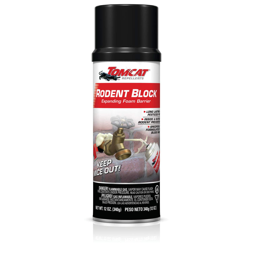 Tomcat Rodent Block expanding foam barrier bottle ready to seal gaps against mice.