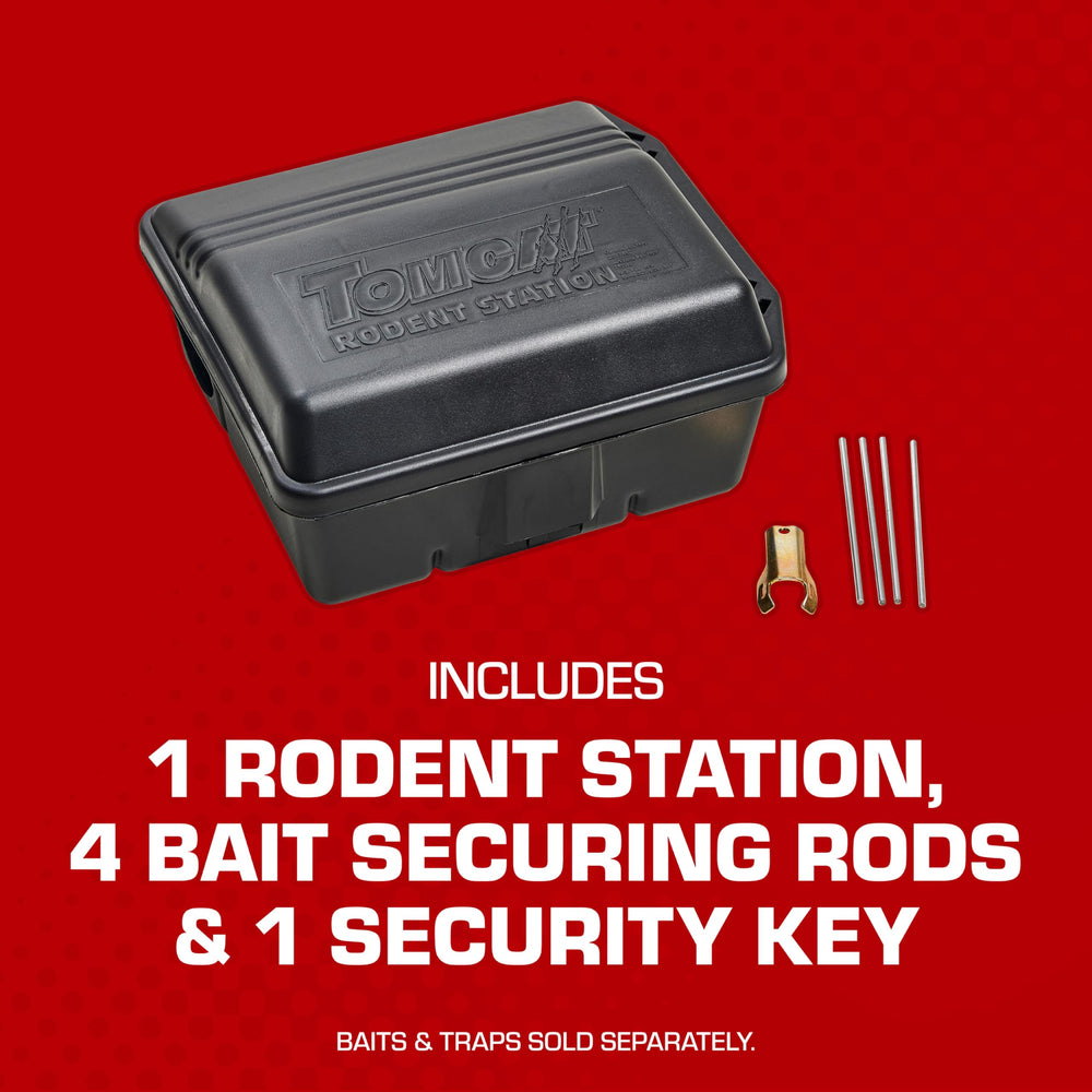 Tomcat Rodent Station closeup shows bait-rods securing system for safer handling of bait.