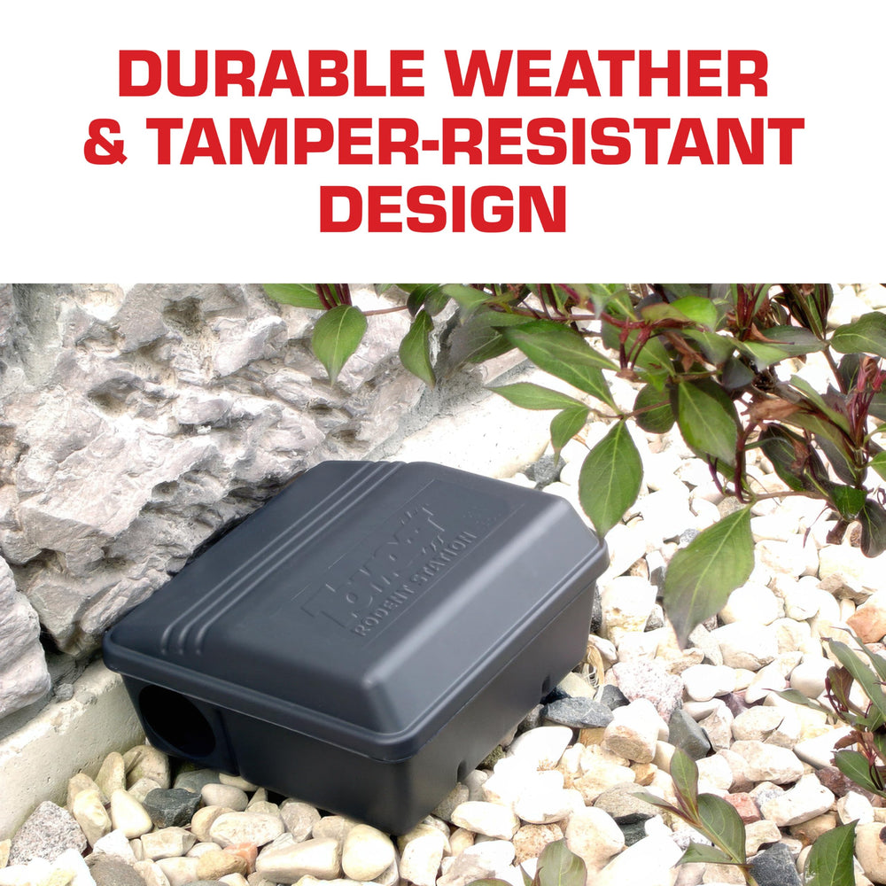 Tomcat Rodent Station outdoor-mounted image highlights durable, tamper-resistant setup.