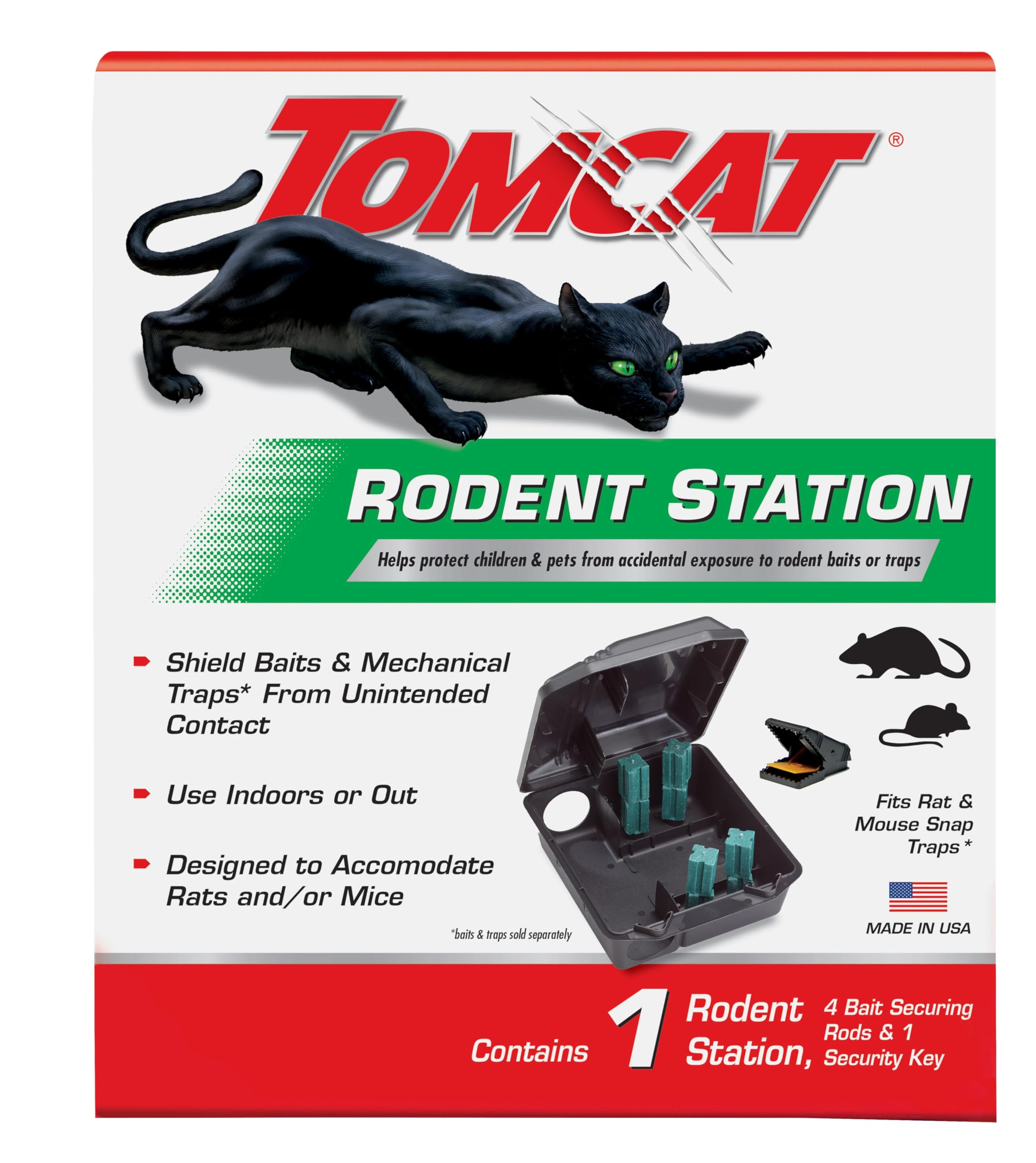 Tomcat Rodent Station weatherproof outdoor housing suitable for yard or garage use.