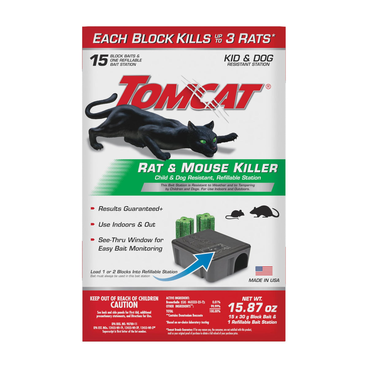 Tomcat station with see-through window for easy bait monitoring indoors and outdoors.