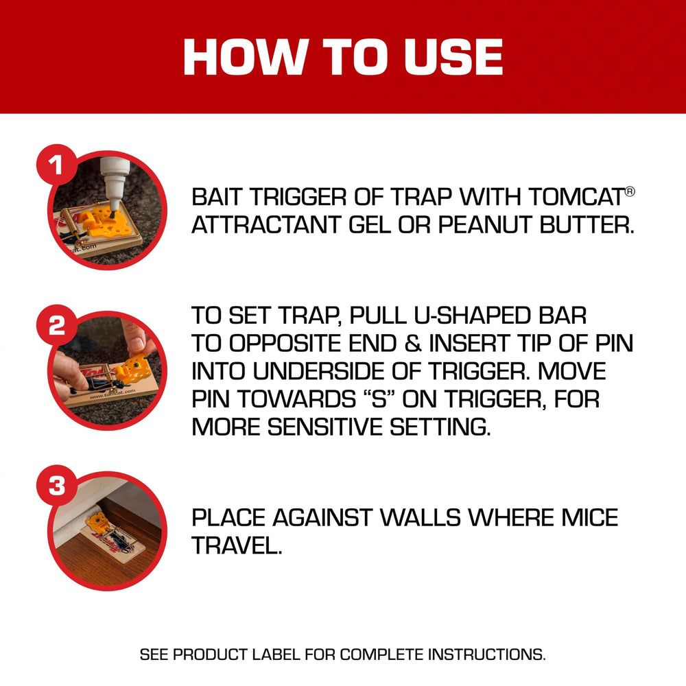 Tomcat Wooden Mouse Traps baiting step shows how to apply attractant gel or peanut butter.