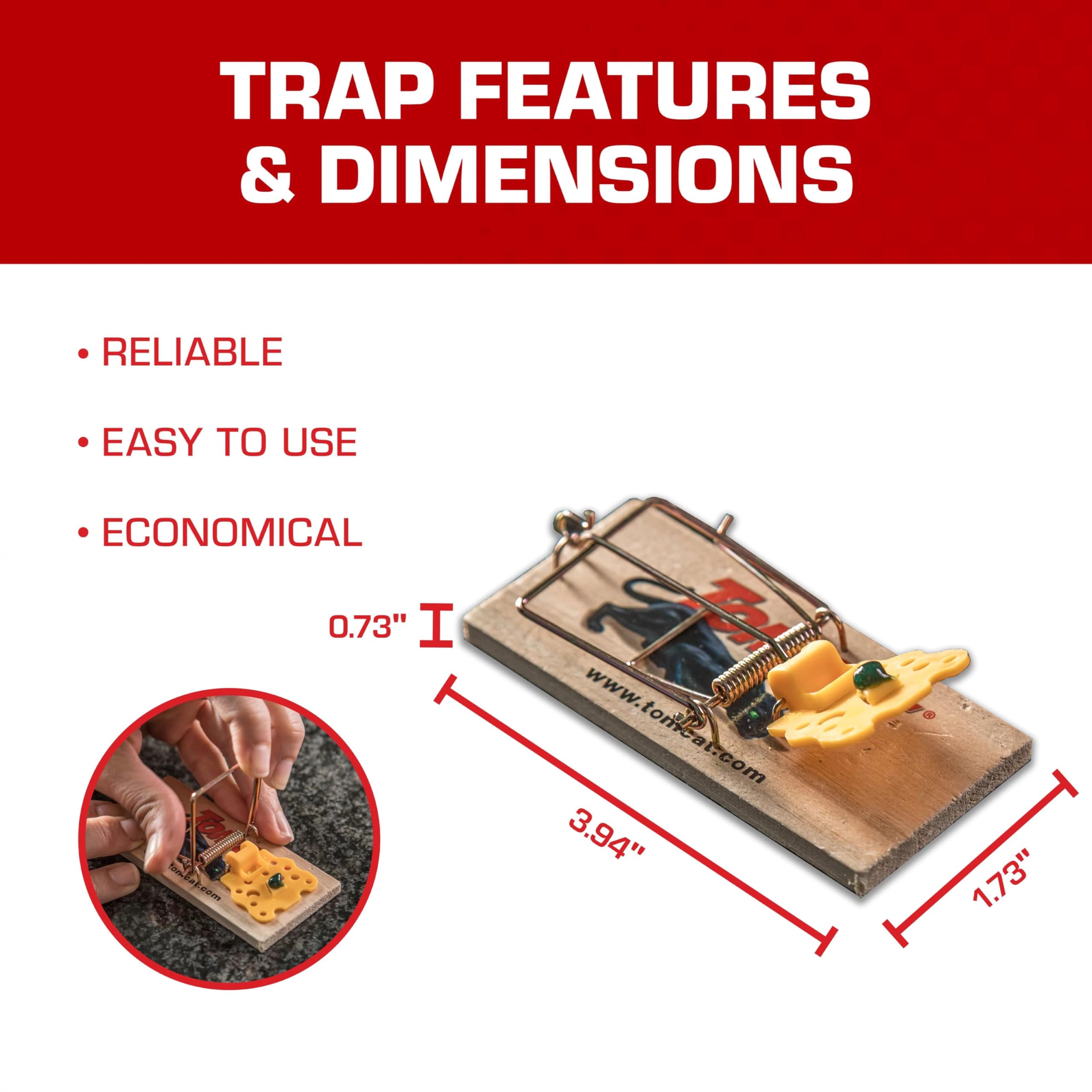 Tomcat Wooden Mouse Traps indoor-use image suggests optimized placement in kitchens and basements.
