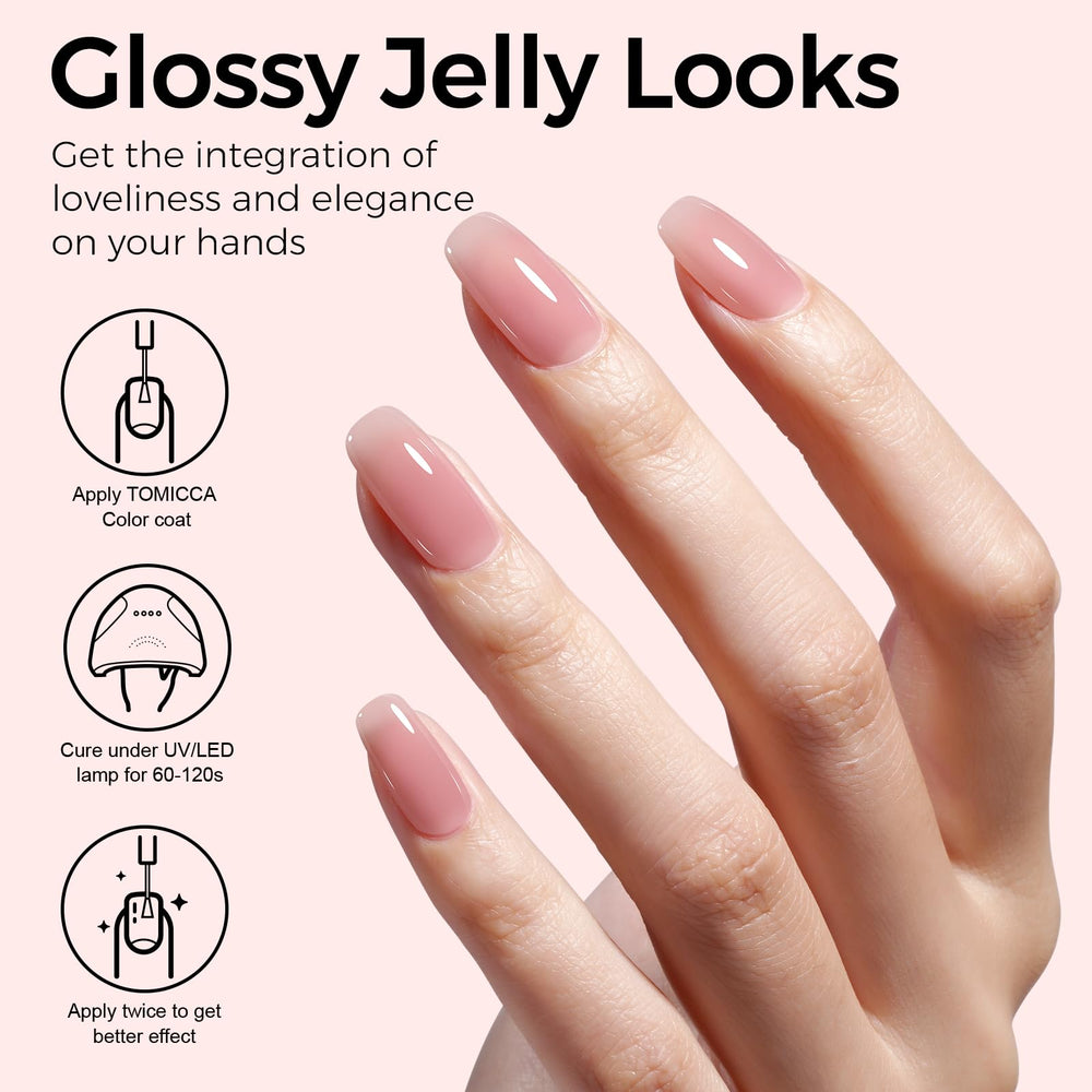 TOMICCA jelly pink gel polish brush applying color for easy DIY manicure.