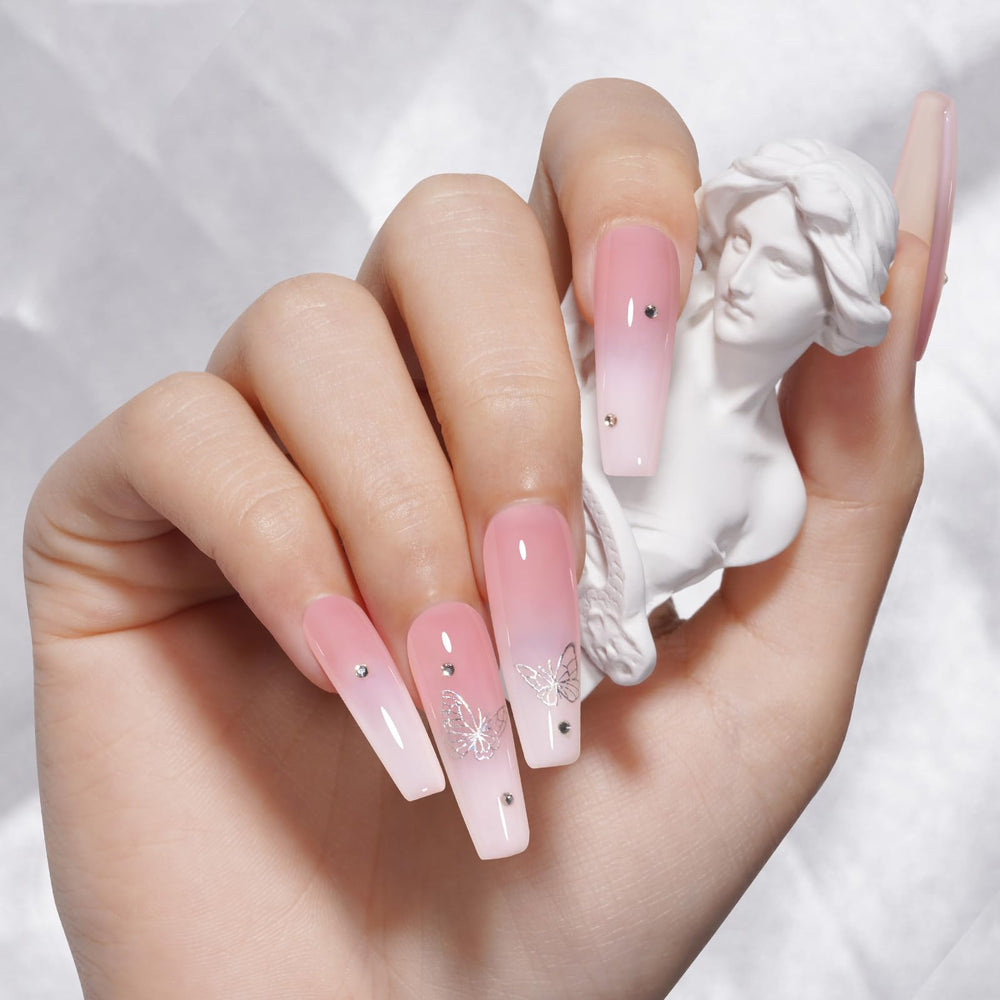 TOMICCA jelly pink gel polish front view on nails showing sheer color.