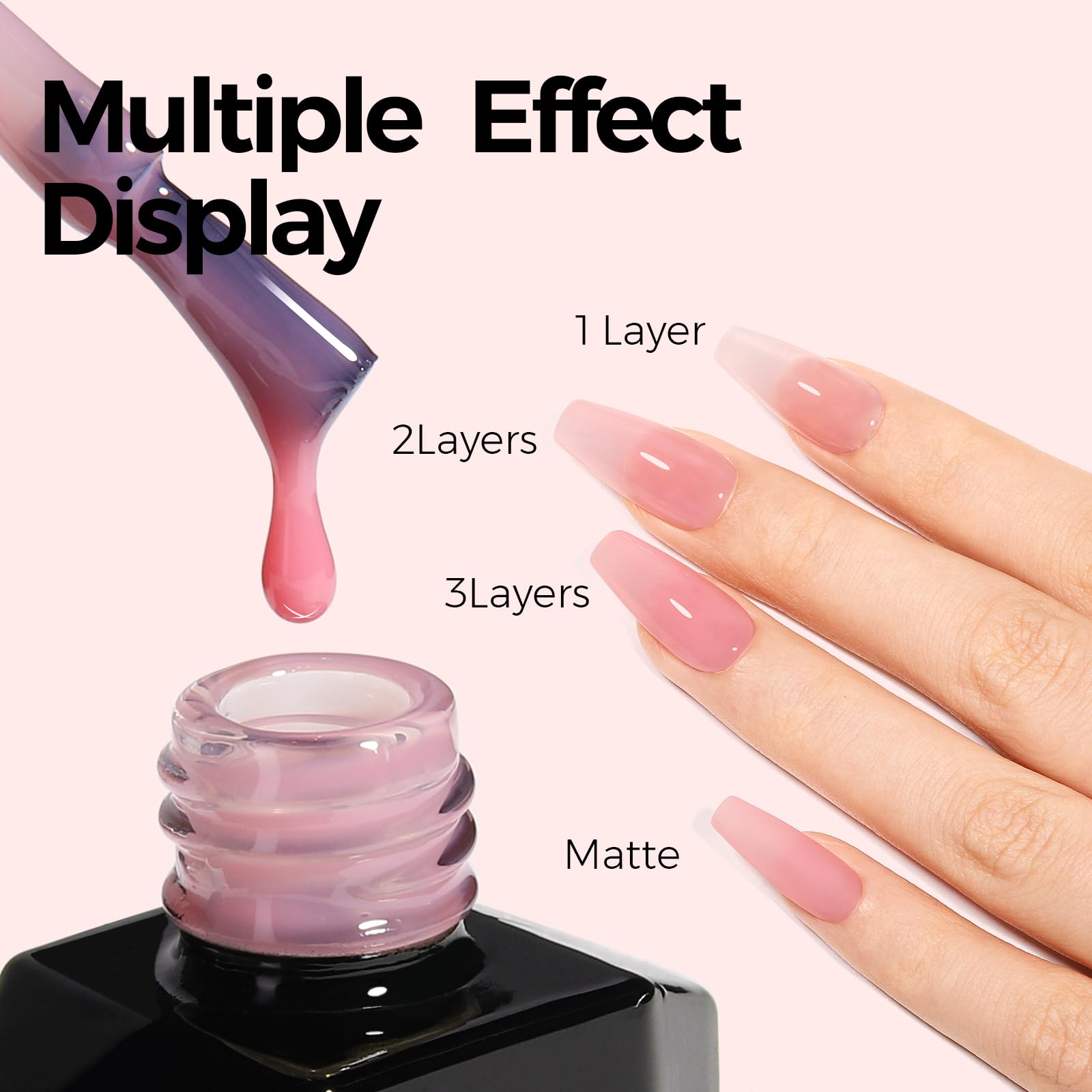 TOMICCA jelly pink gel polish side view with bottle and brush.