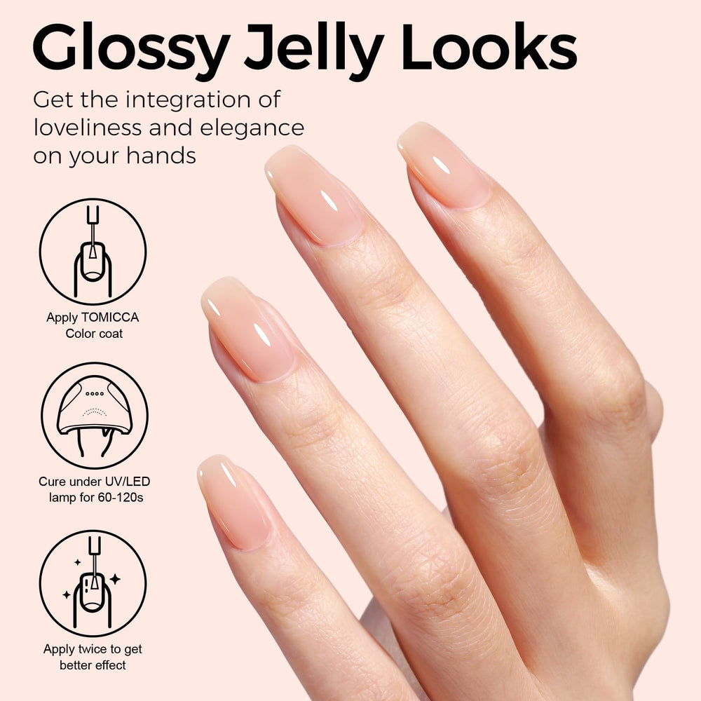 TOMICCA Nude Gel Polish under LED cure for durable, glossy wear.