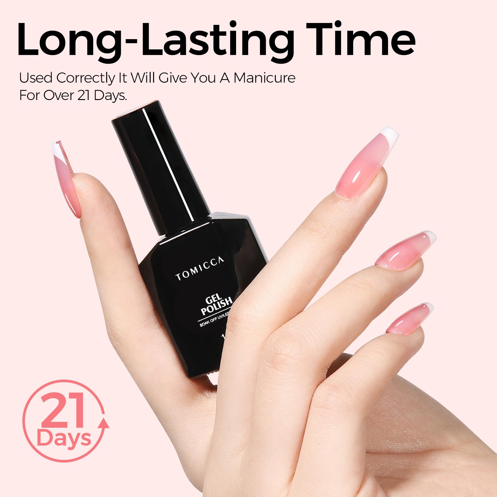 TOMICCA nude pink gel on nails for natural, subtle look.