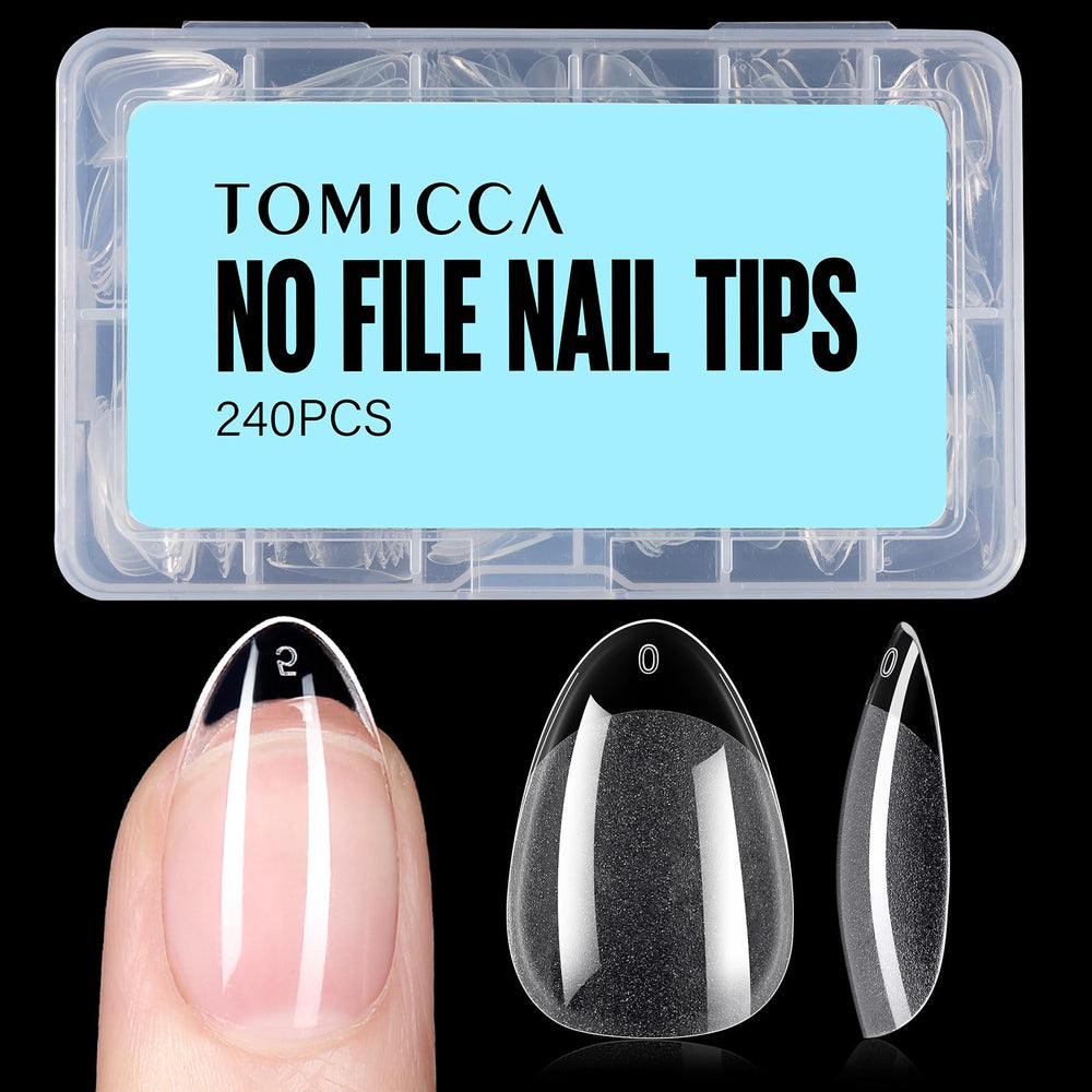 TOMICCA short almond nail tips box front view for quick at-home manicures