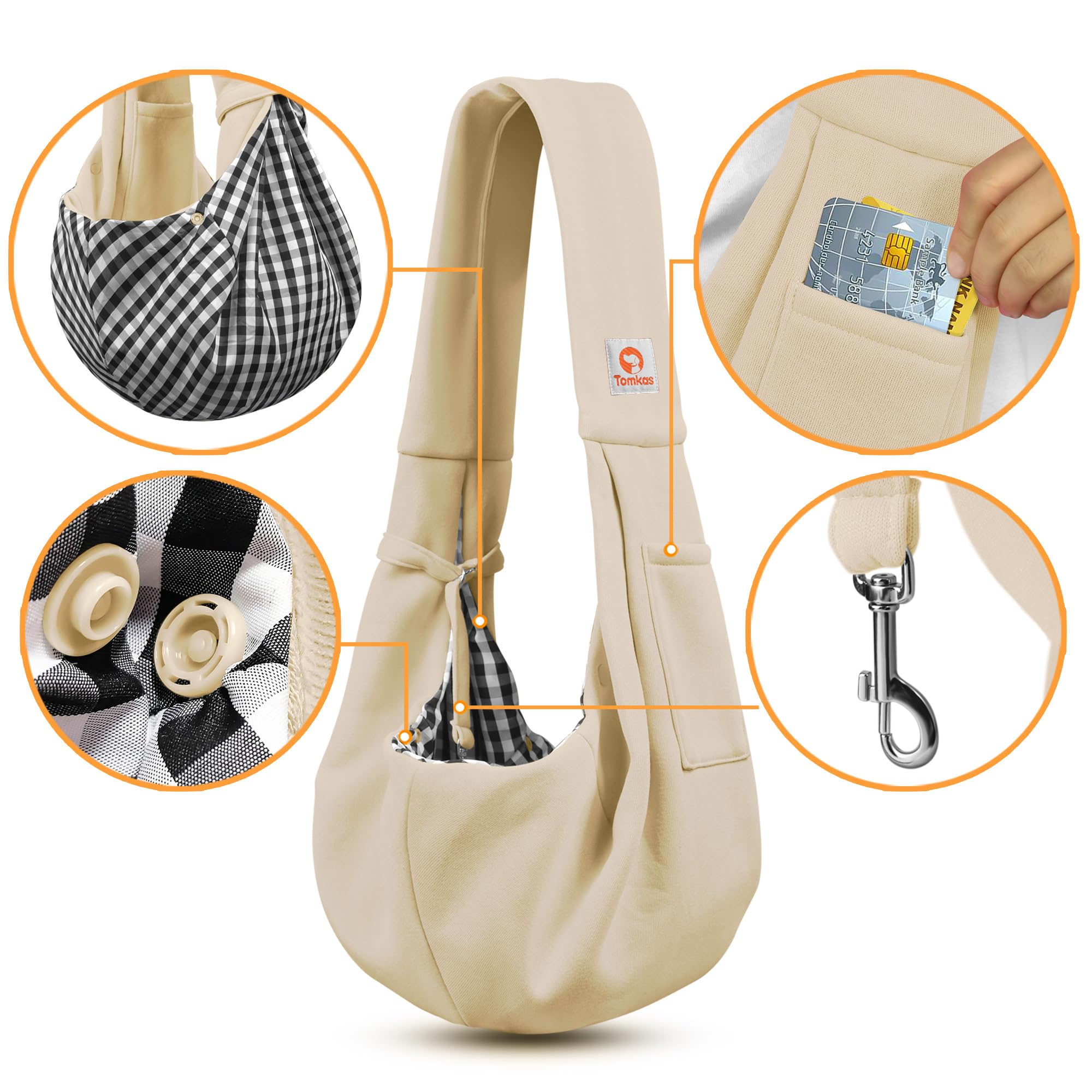 Tomkas sling cream front pocket open for convenient storage of keys and treats.