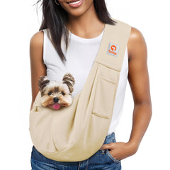 Tomkas small dog sling cream front view for easy pet placement during outings.