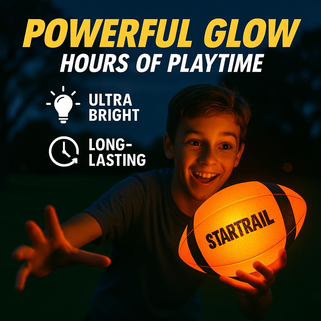 TOMLEON Glow Football in action during night play with bright LEDs.