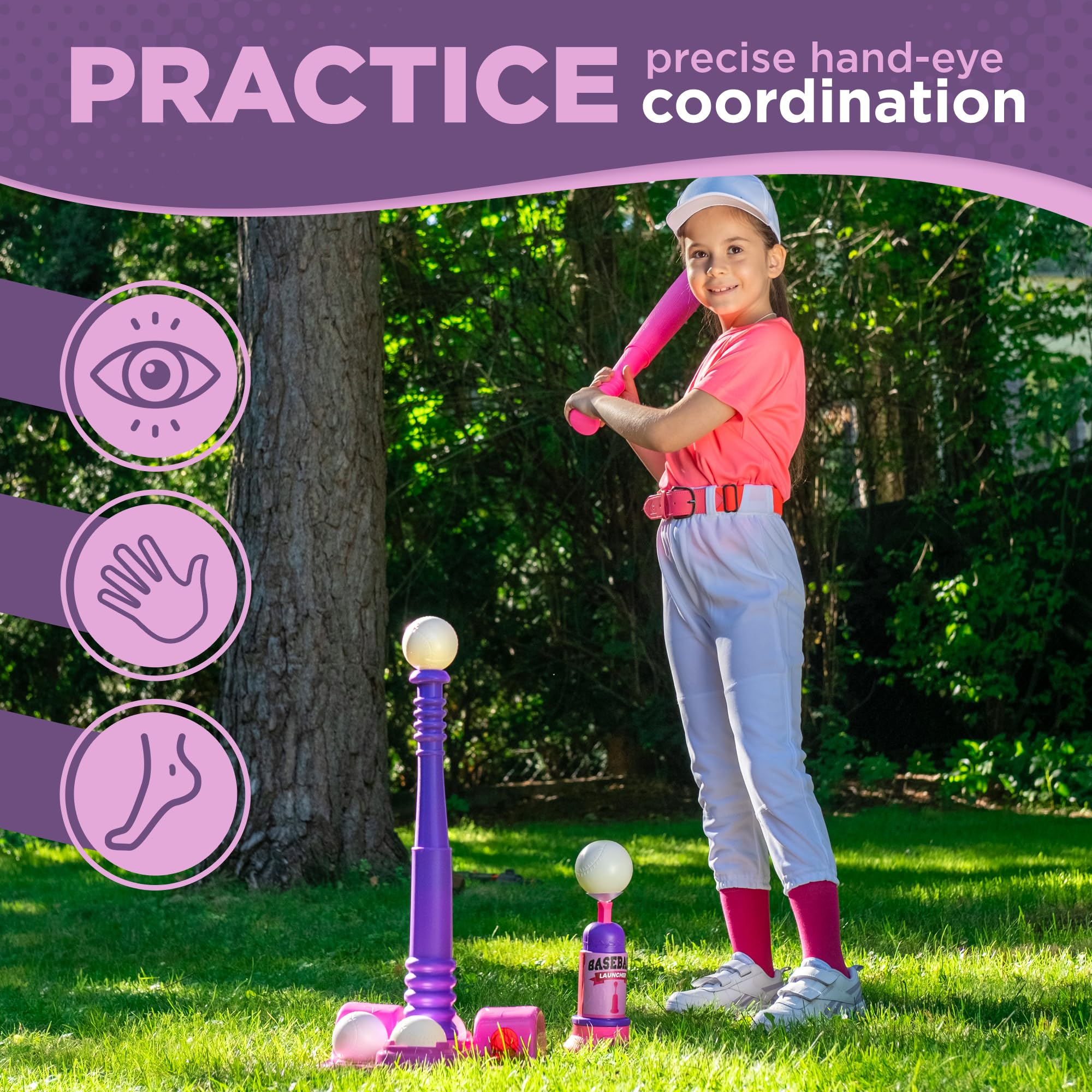 Tomleon pitching machine feature shown with tee-ball setup