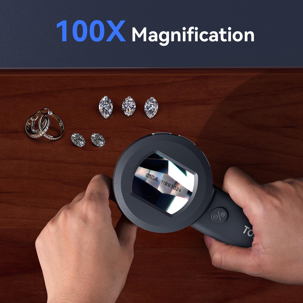 TOMLOV P10 portable magnifier with white and UV lights.