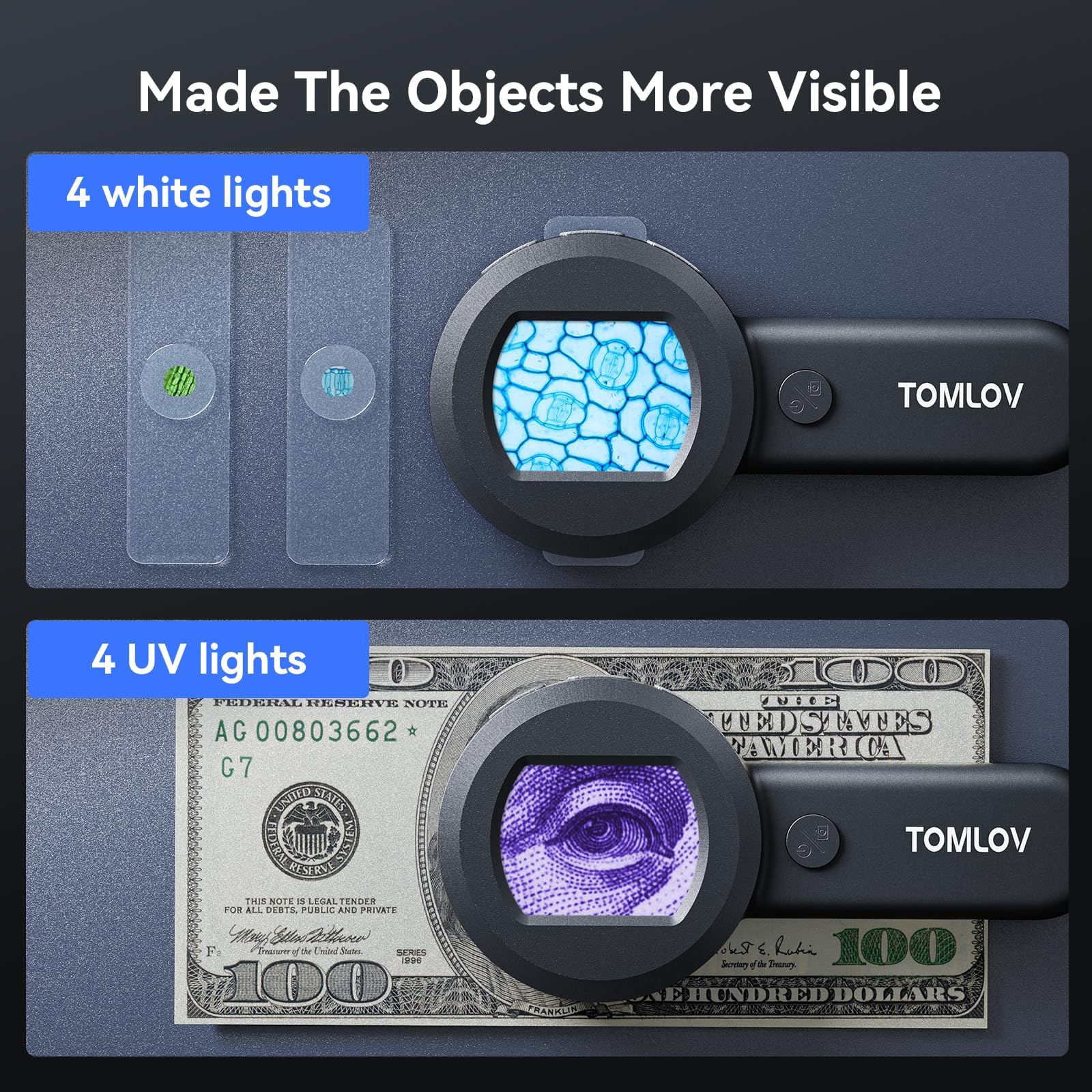TOMLOV P10 white LEDs with adjustable brightness.