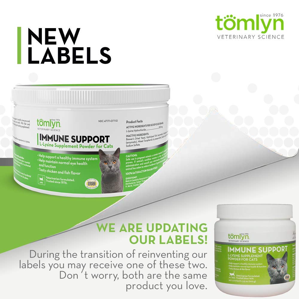 Tomlyn fish-flavor lysine powder over cat food, appealing aroma for picky eaters.