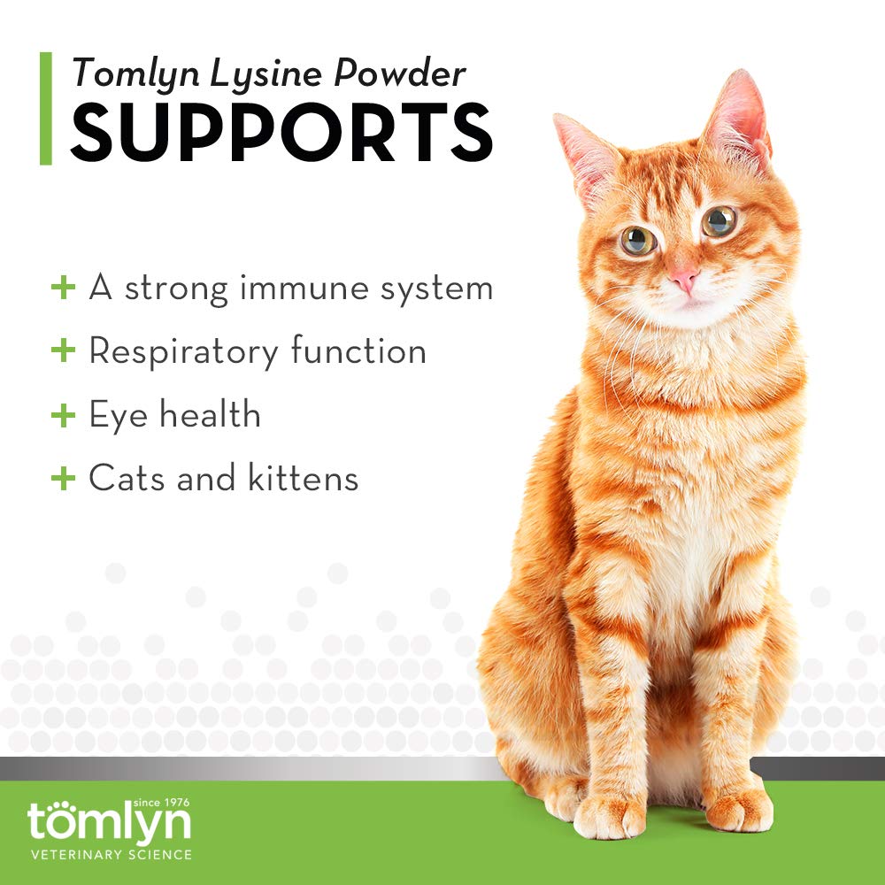 Tomlyn lysine powder being sprinkled on cat food for tastier daily dosing.