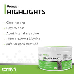 Tomlyn lysine powder package on kitchen counter, convenient dosing.