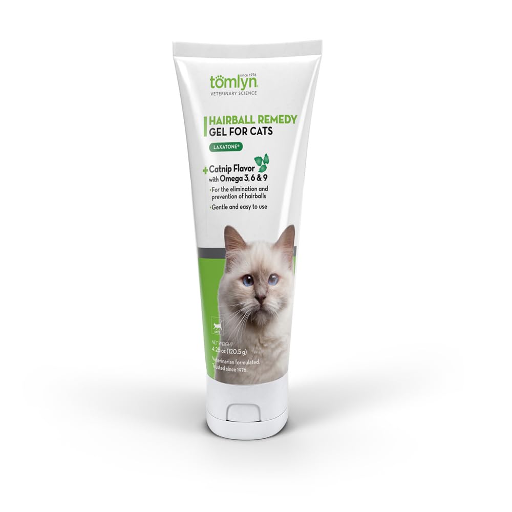 Tomlyn Laxatone bottle-pour demonstrates easy hairball relief for cats.