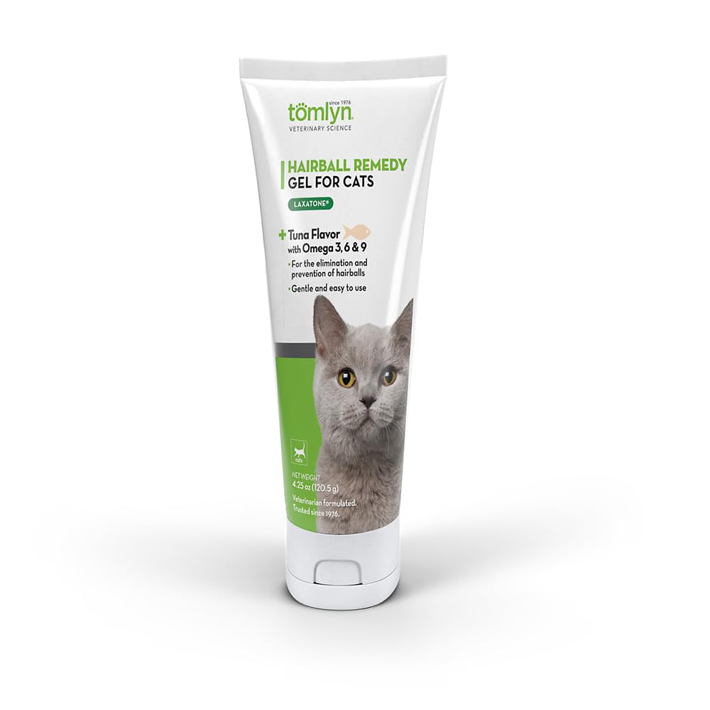 Tomlyn Laxatone tuna-flavored bottle shown for hairball support in cats.