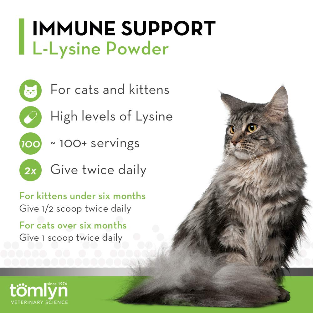 Tomlyn lysine powder with scoop, easy daily portioning for kittens.