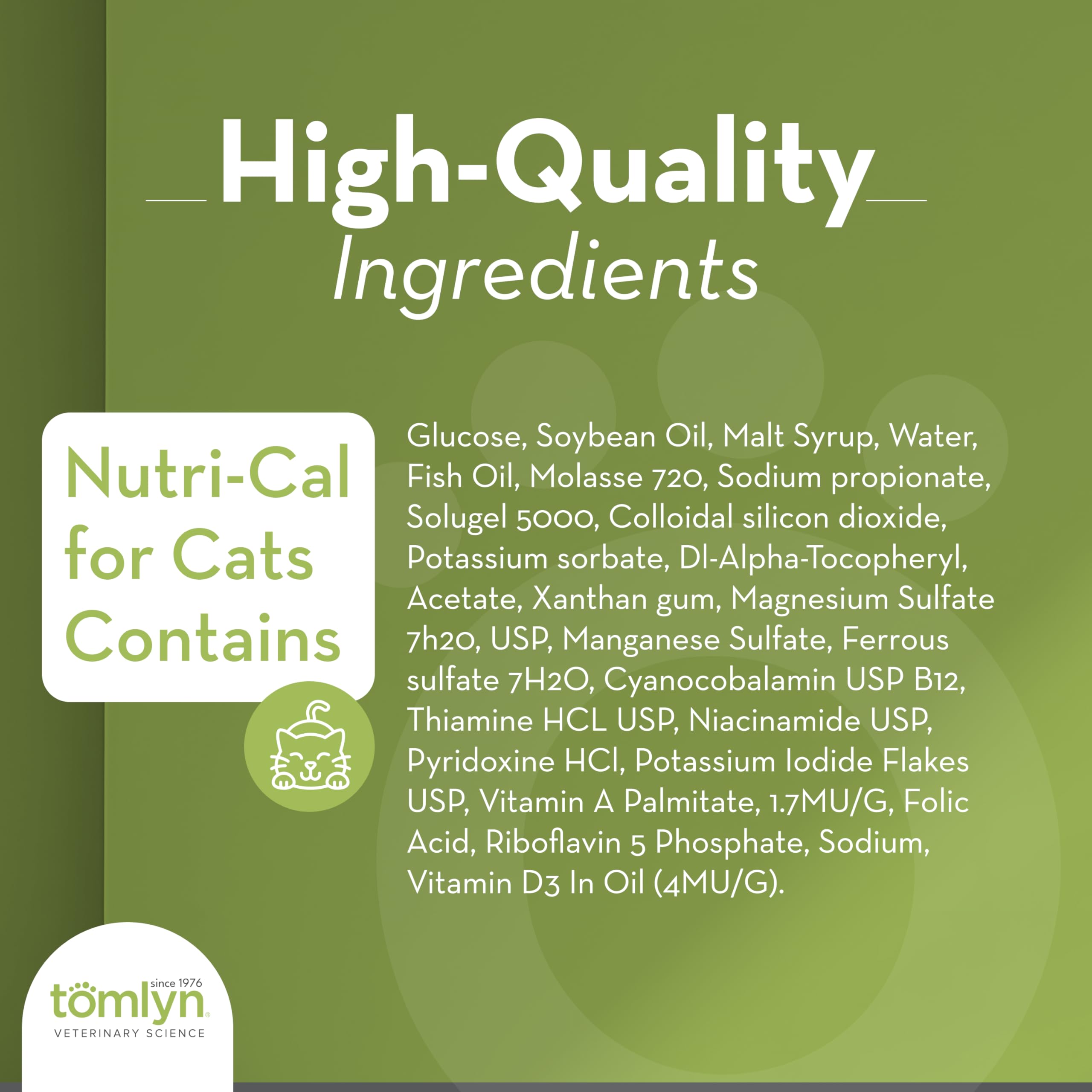 Tomlyn Nutri-Cal label back shows vitamins, minerals, and fatty acids