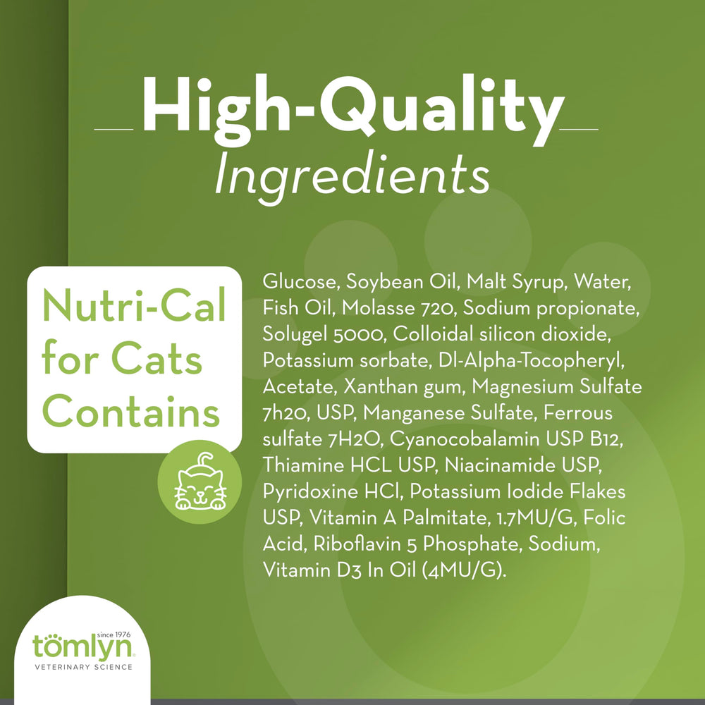 Tomlyn Nutri-Cal label back shows vitamins, minerals, and fatty acids