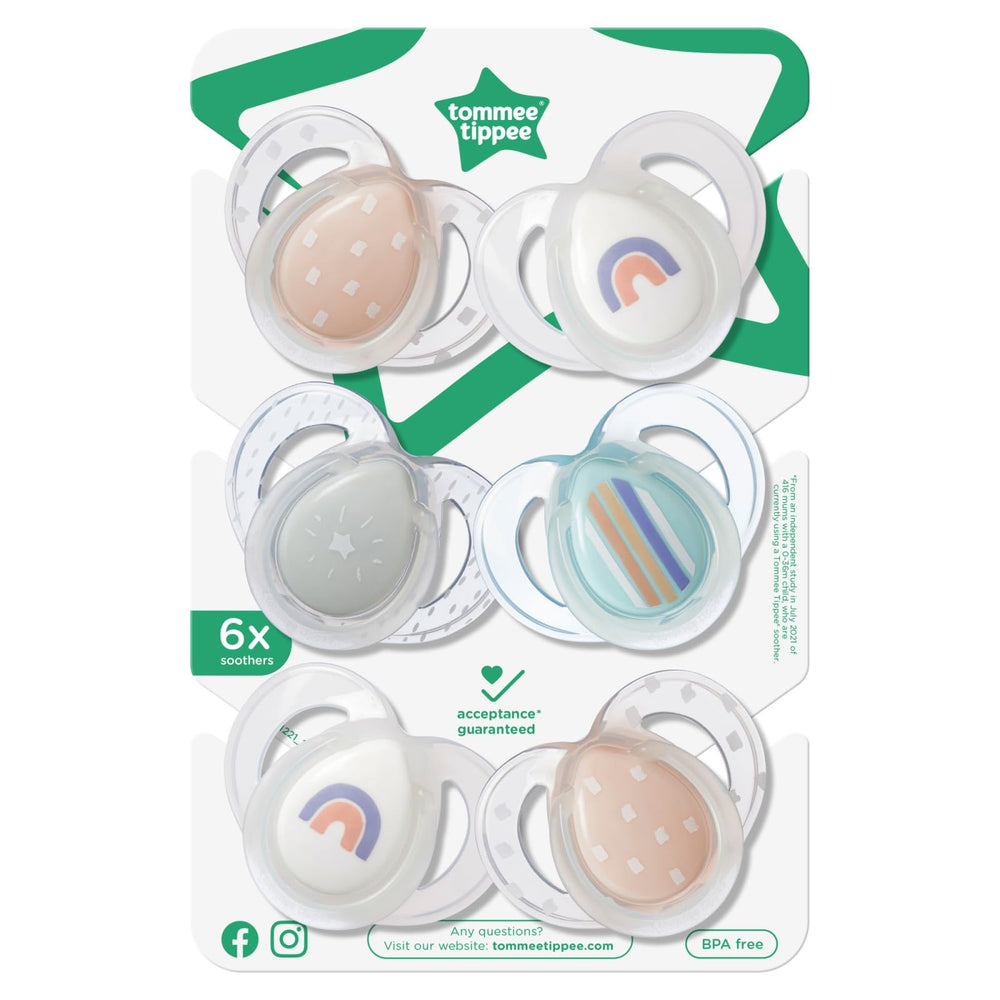 Tommee Tippee Night Time Pacifier 6-pack keeps you stocked for day and night.