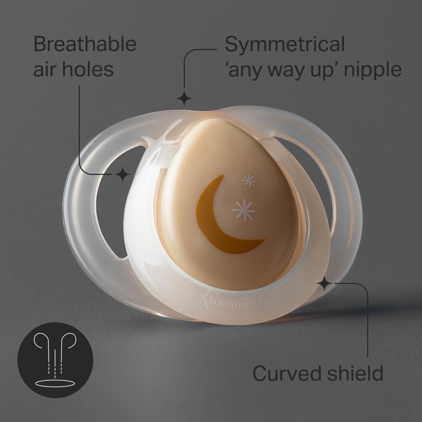 Tommee Tippee Night Time Pacifier features breathable air holes to prevent irritation.