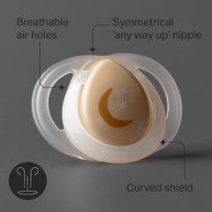 Tommee Tippee Night Time Pacifier features breathable air holes to prevent irritation.