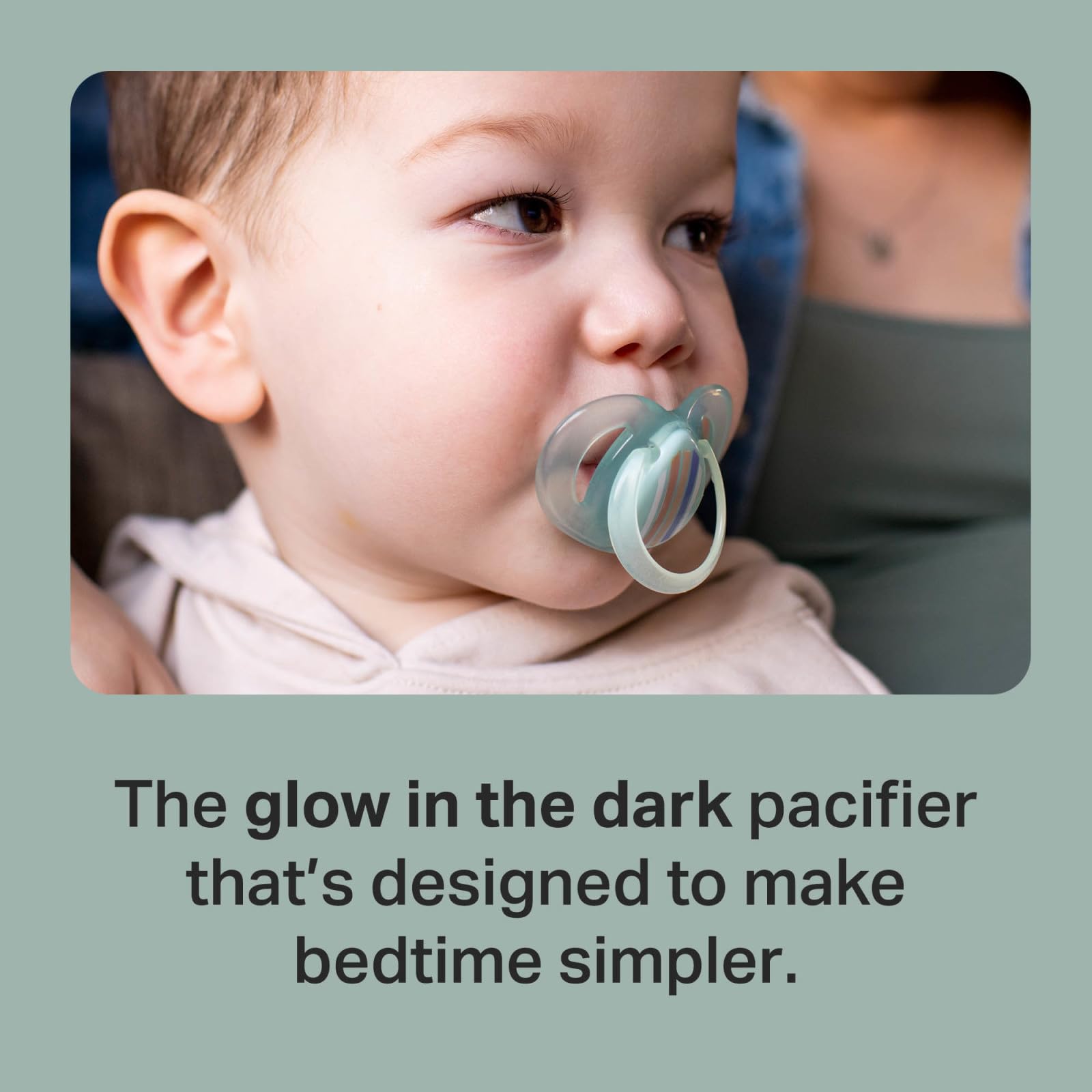 Tommee Tippee Night Time Pacifier with symmetrical nipple design supports correct latch.