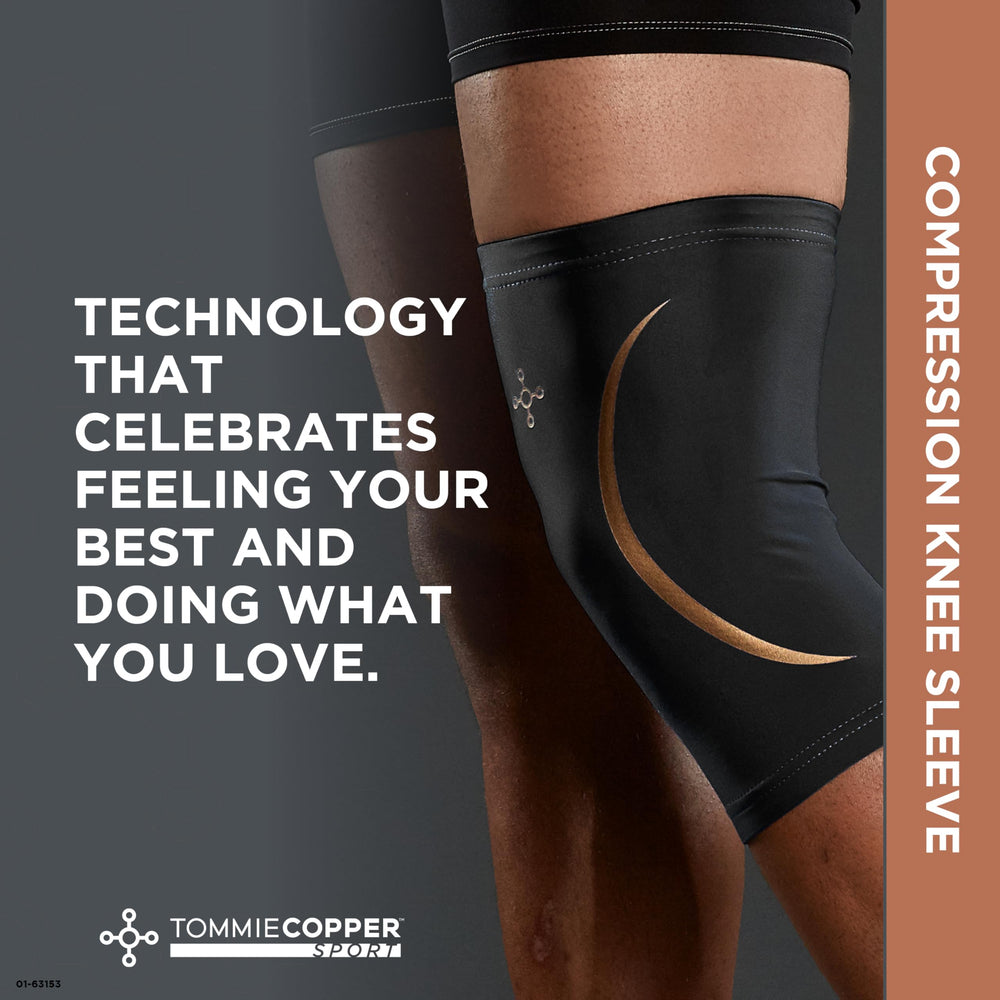 Tommie Copper knee sleeve close-up of 4D stretch fabric enabling full range.