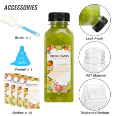 TOMNK 12oz plastic juice bottles ready for beverages.