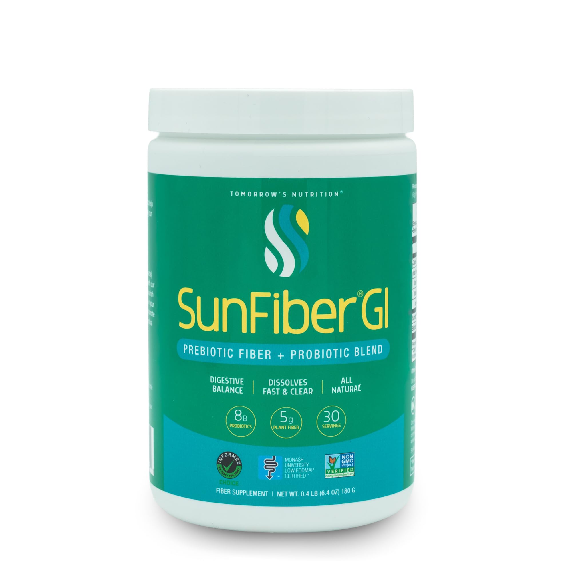 Tomorrow's Nutrition Sunfiber GI powder jar promotes gentle digestion