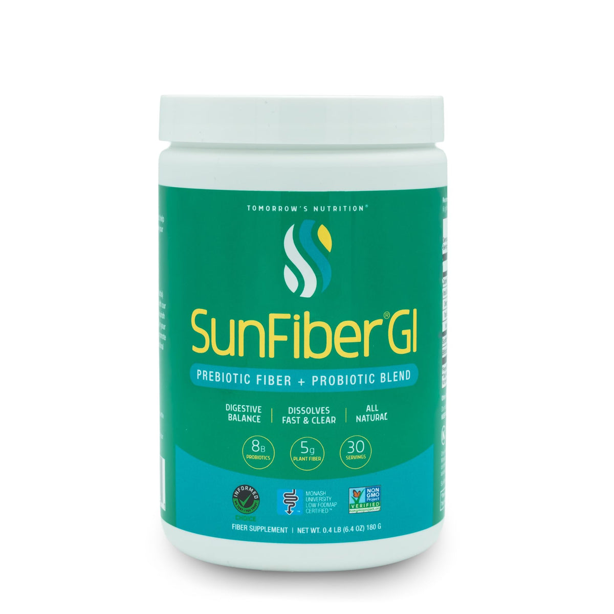Tomorrow's Nutrition Sunfiber GI powder jar promotes gentle digestion