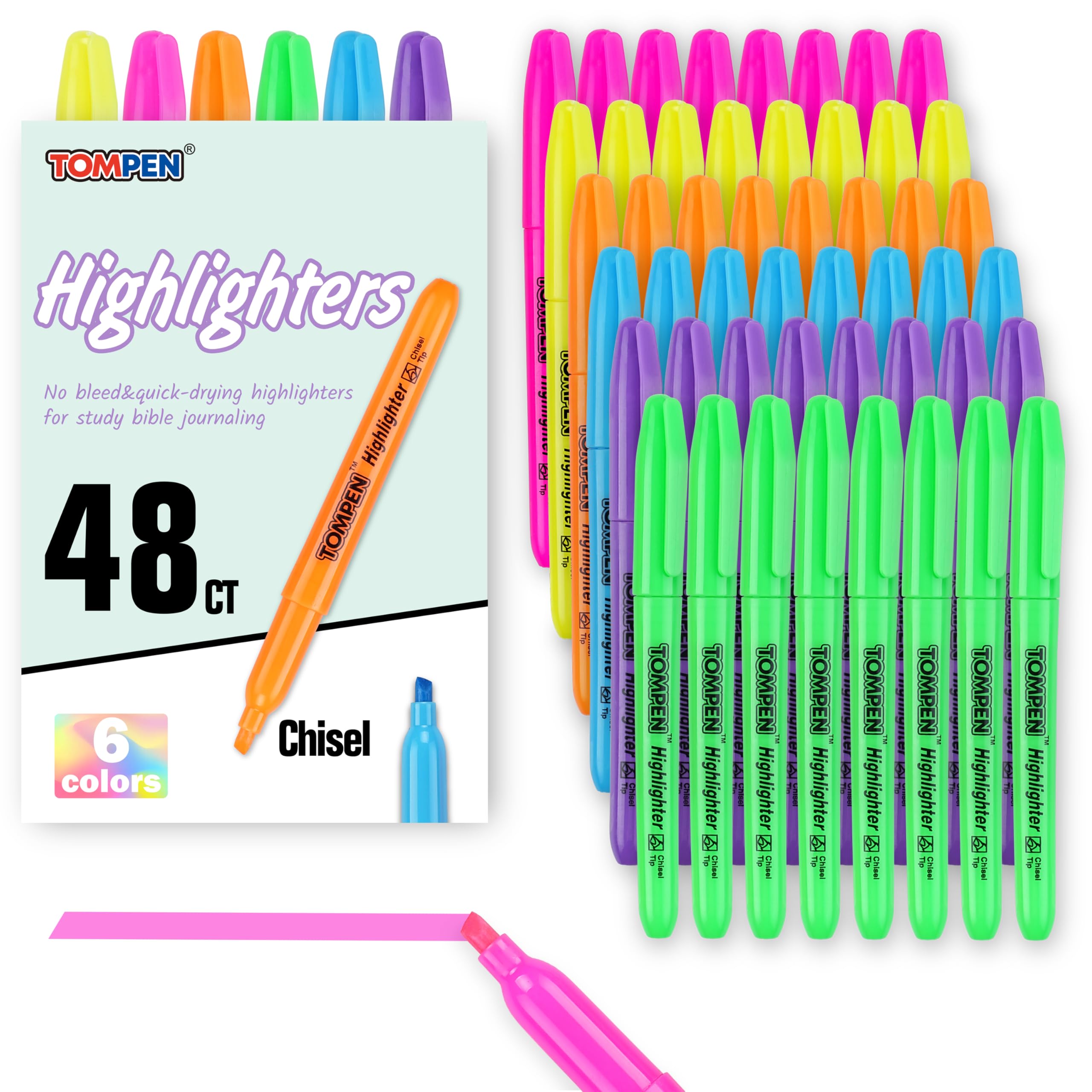 TOMPEN bulk 48-pack highlighters in six colors for organized study
