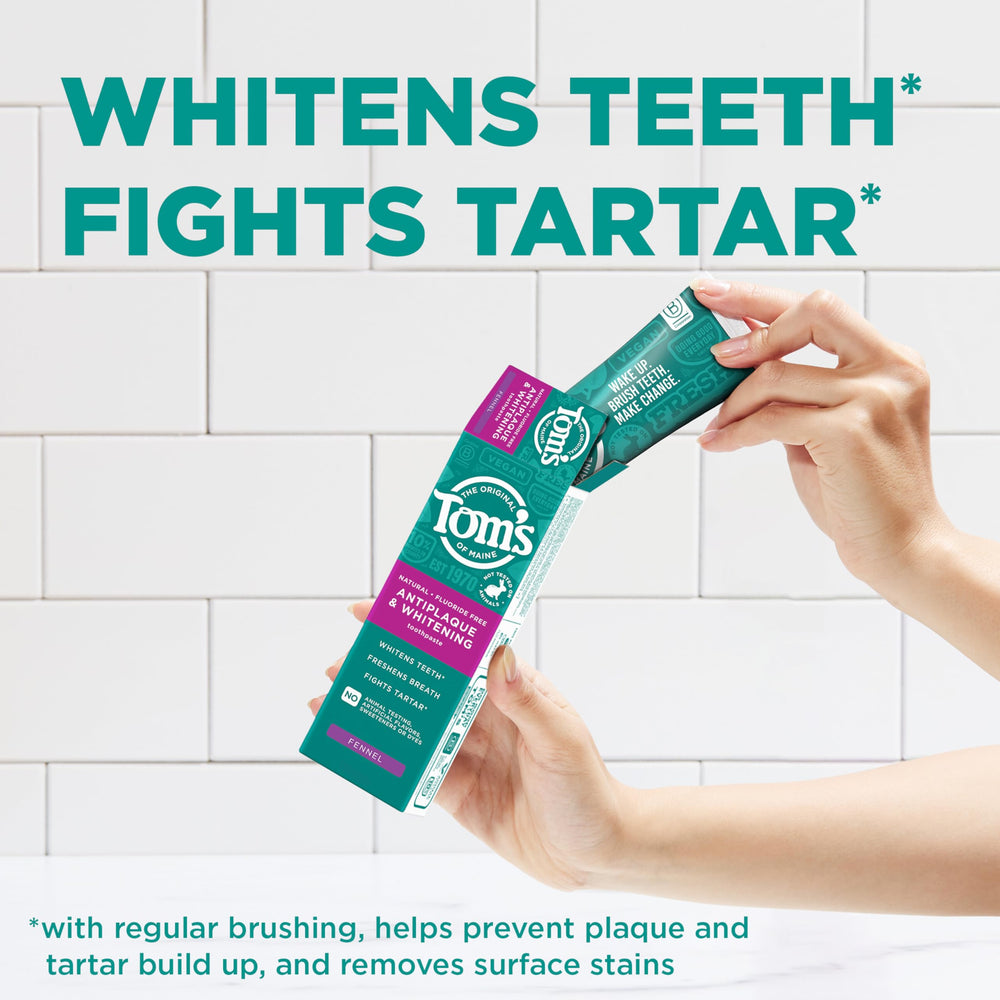 Tom's of Maine 3-pack display highlighting fluoride-free formula for daily freshness