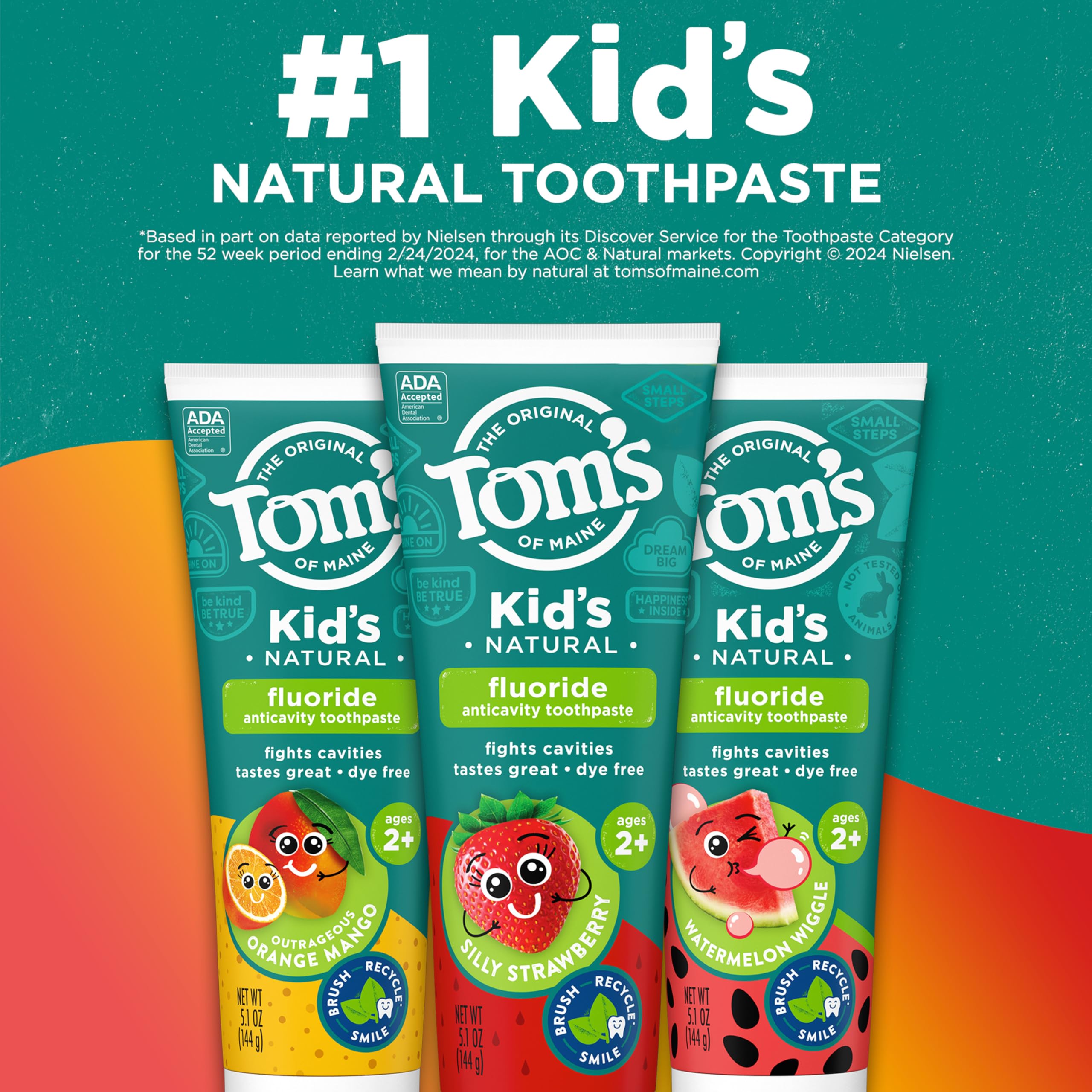 Tom's of Maine Anticavity Kids Orange Mango toothpaste close-up; bright flavor for daily brushing
