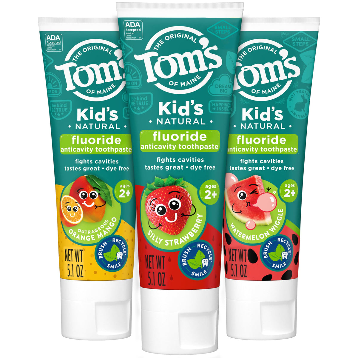 Tom's of Maine Anticavity Kids Strawberry toothpaste close-up for ages 2+; kid-friendly flavor