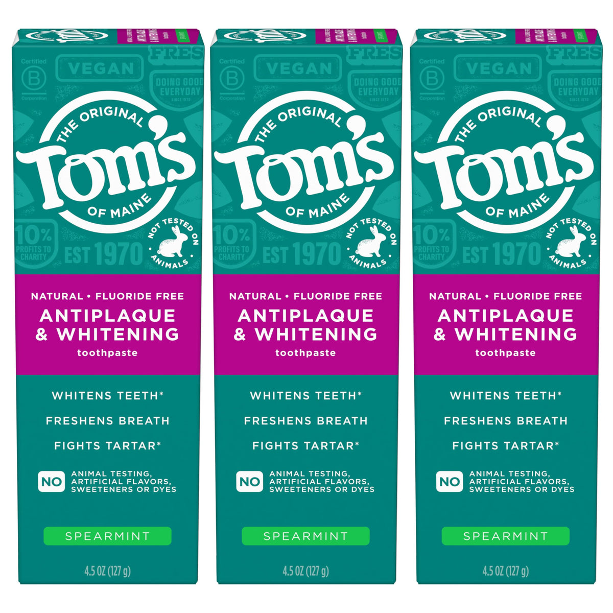 Tom’s of Maine antiplaque whitening toothpaste tube packaging highlighting fluoride-free formula and spearmint flavor