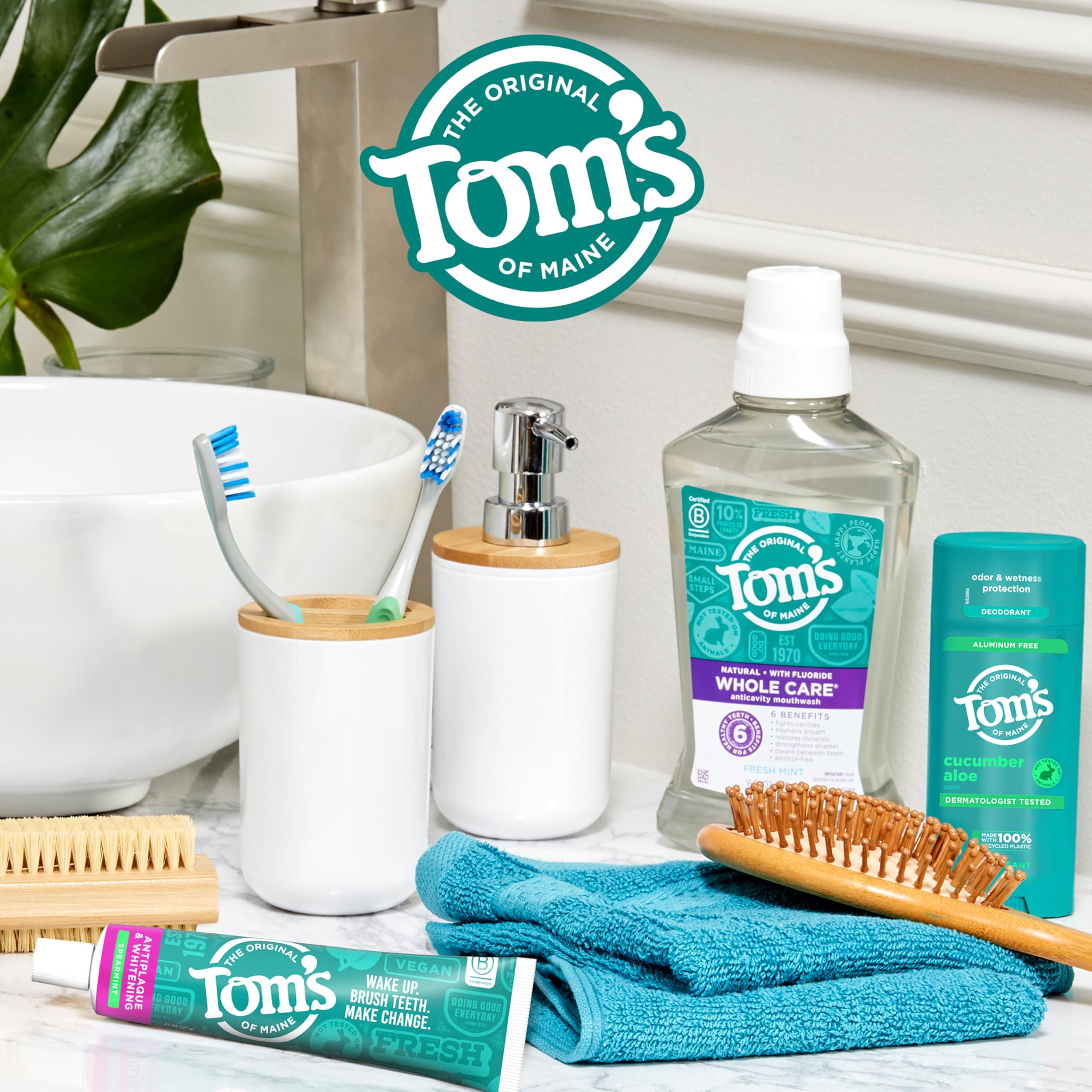 Tom’s of Maine bright-smile concept on bathroom counter promoting daily care